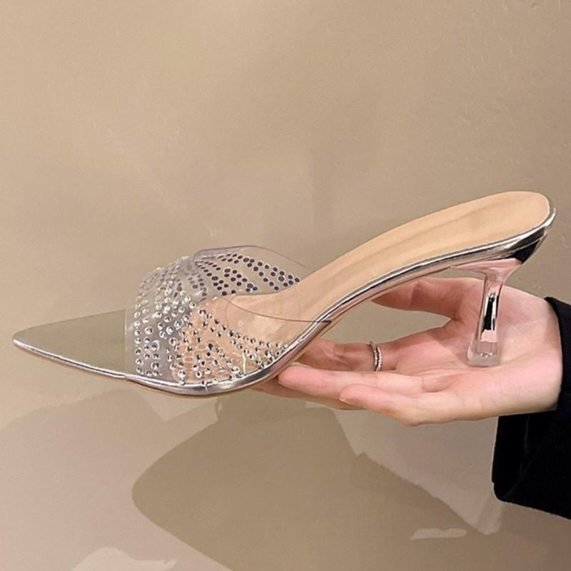Fashion 2025 New Plus Size Style Solid Color Square Toe High Heel Slippers for Women Transparent Rhinestone Thin Heel Summer Sandals