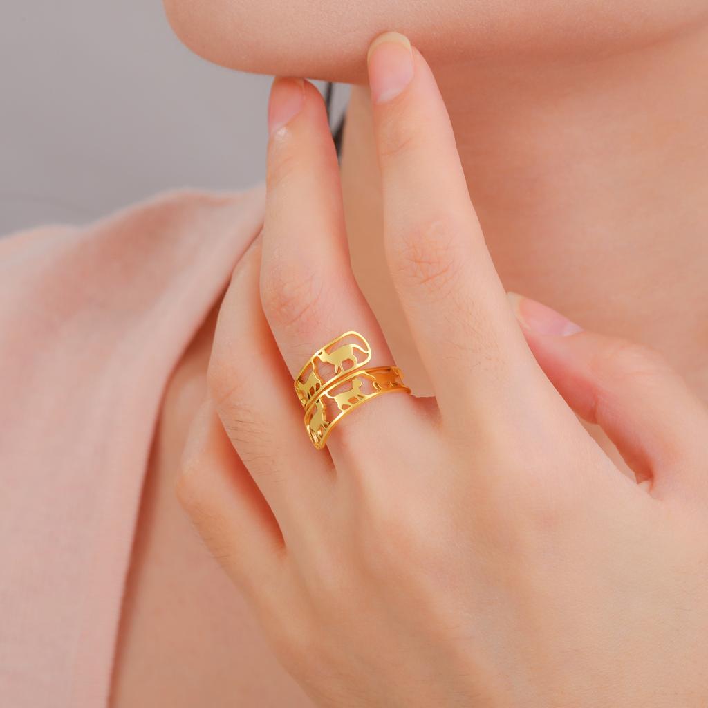 Walking Cat Rings Women Stainless Steel Gold Open Adjustable Ring Cute Animal Jewelry Valentine Gift