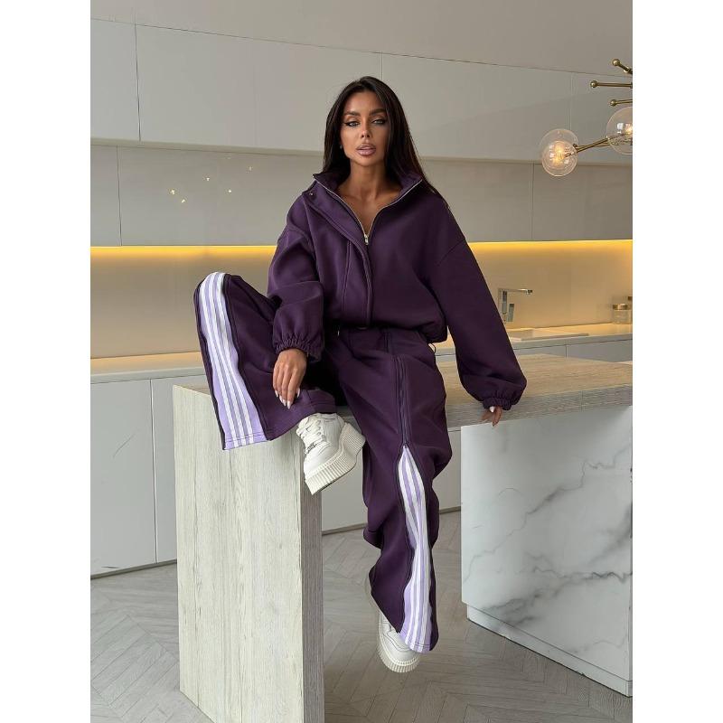 Spring and Autumn Casual Suit Women's High-end Pull-up Strips Contrasting Color Sweater Straight Trousers Two-piece Set