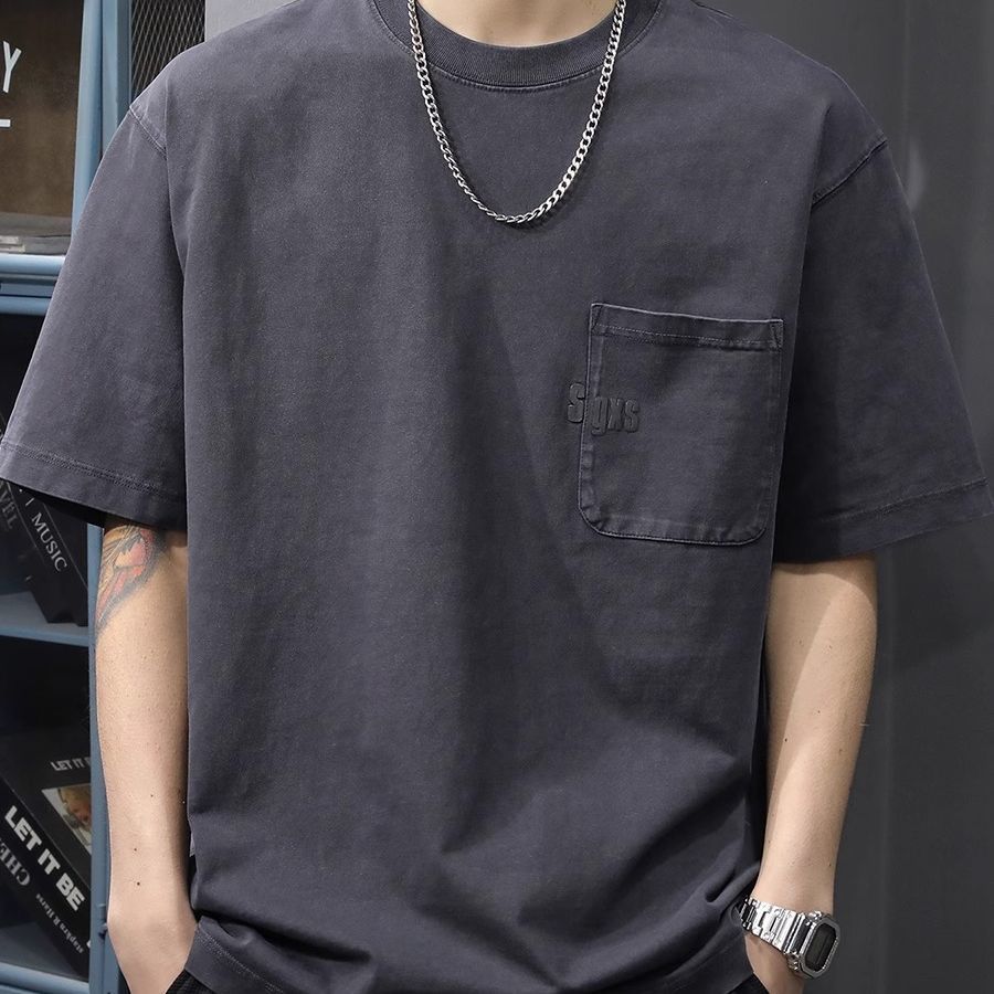 Summer American-style Pocket Trendy Loose Retro Men's Short-sleeved Round-neck Casual T-shirt