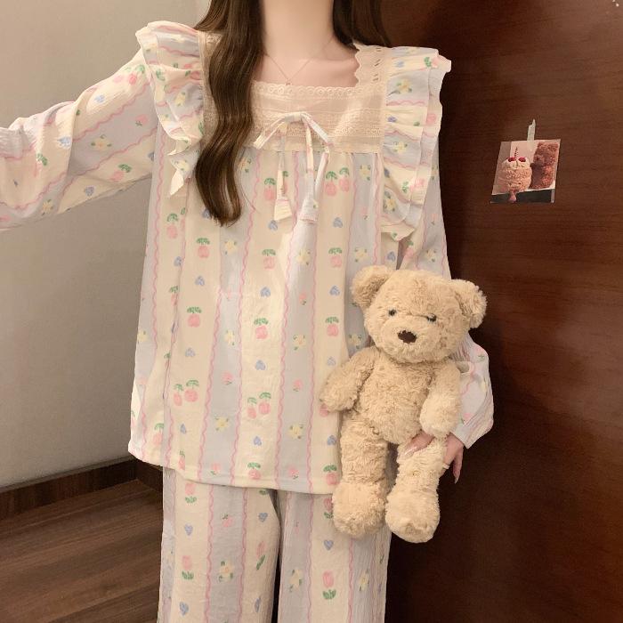 Girls Lace Square Neck Cloud Cotton Double Long Sleeve Bowknot Suit - Wearable Outside, Comfortable Homewear for Spring and Autumn. L