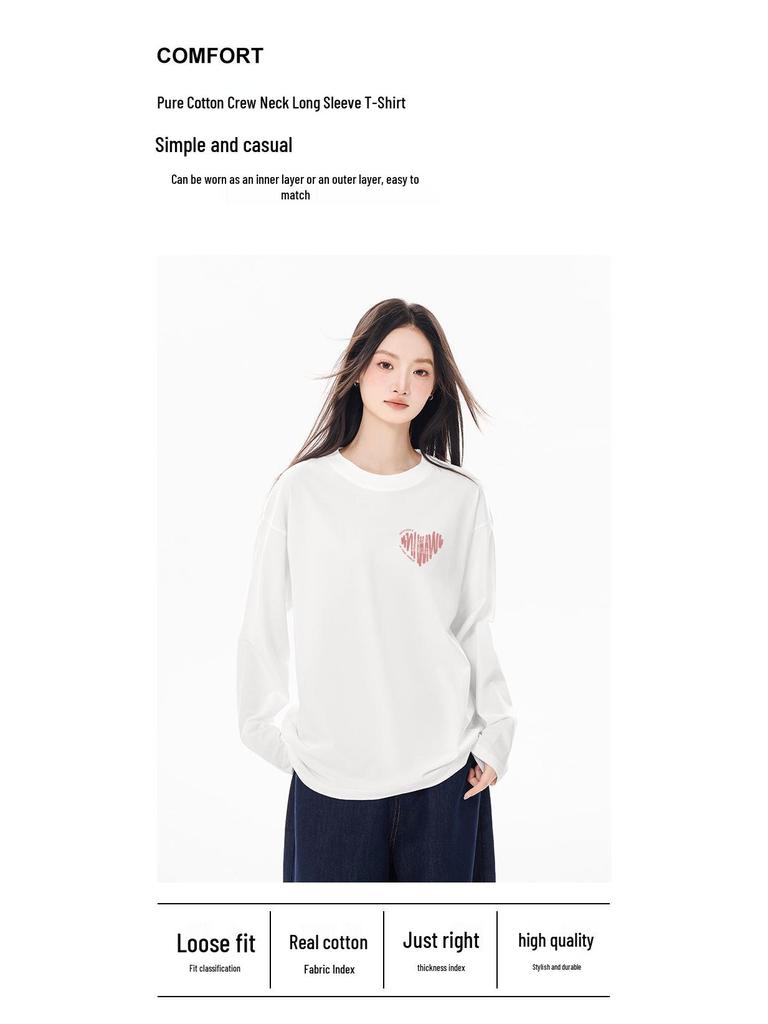 Women's 2025 American Style Pure Cotton Long-Sleeve T-Shirt: Loose Fit, Ideal for Autumn/Winter.