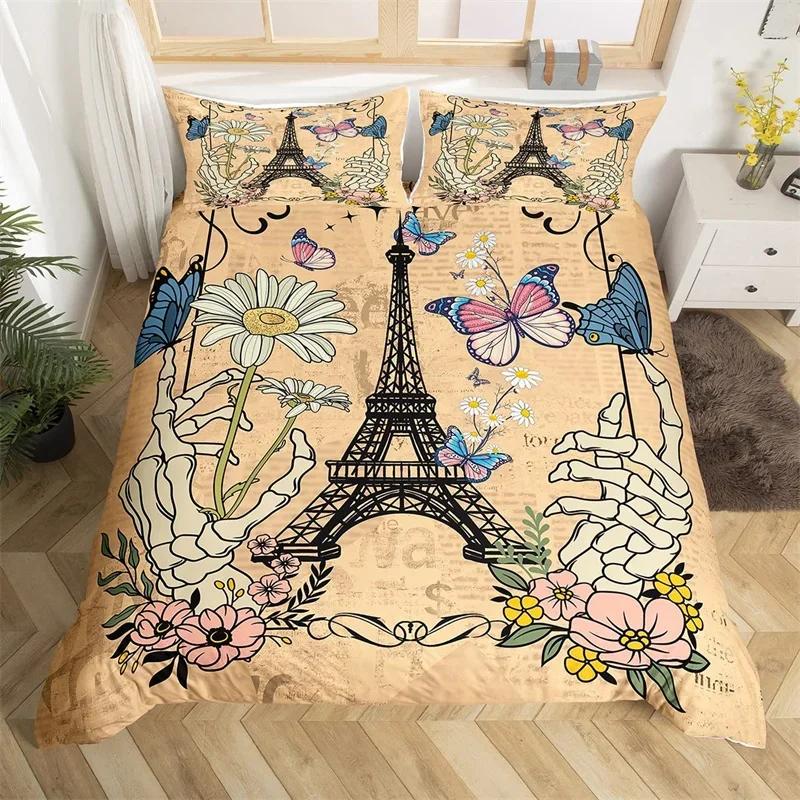 Eiffel Tower Duvet Cover Set Twin King Size Paris Tower Comforter Cover Microfiber Flower Butterfly Bedding Set For Girls Teens