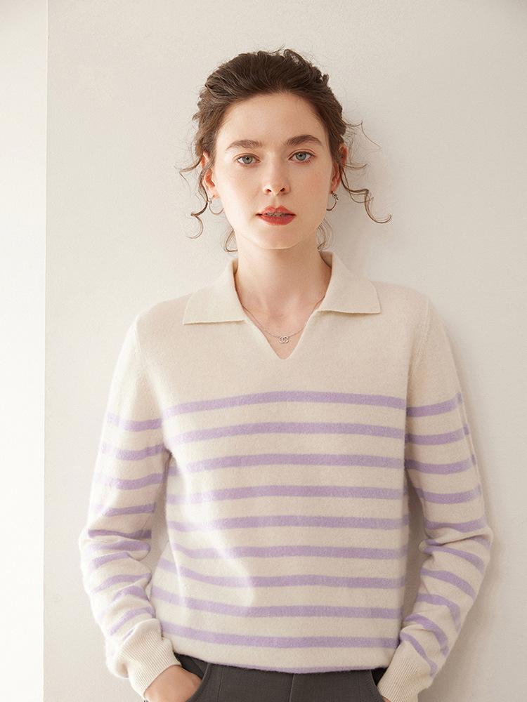 Women's Cashmere Knit Long Sleeve POLO Collar Top, Striped, Fashionable, Versatile, Soft, and Skin-Friendly