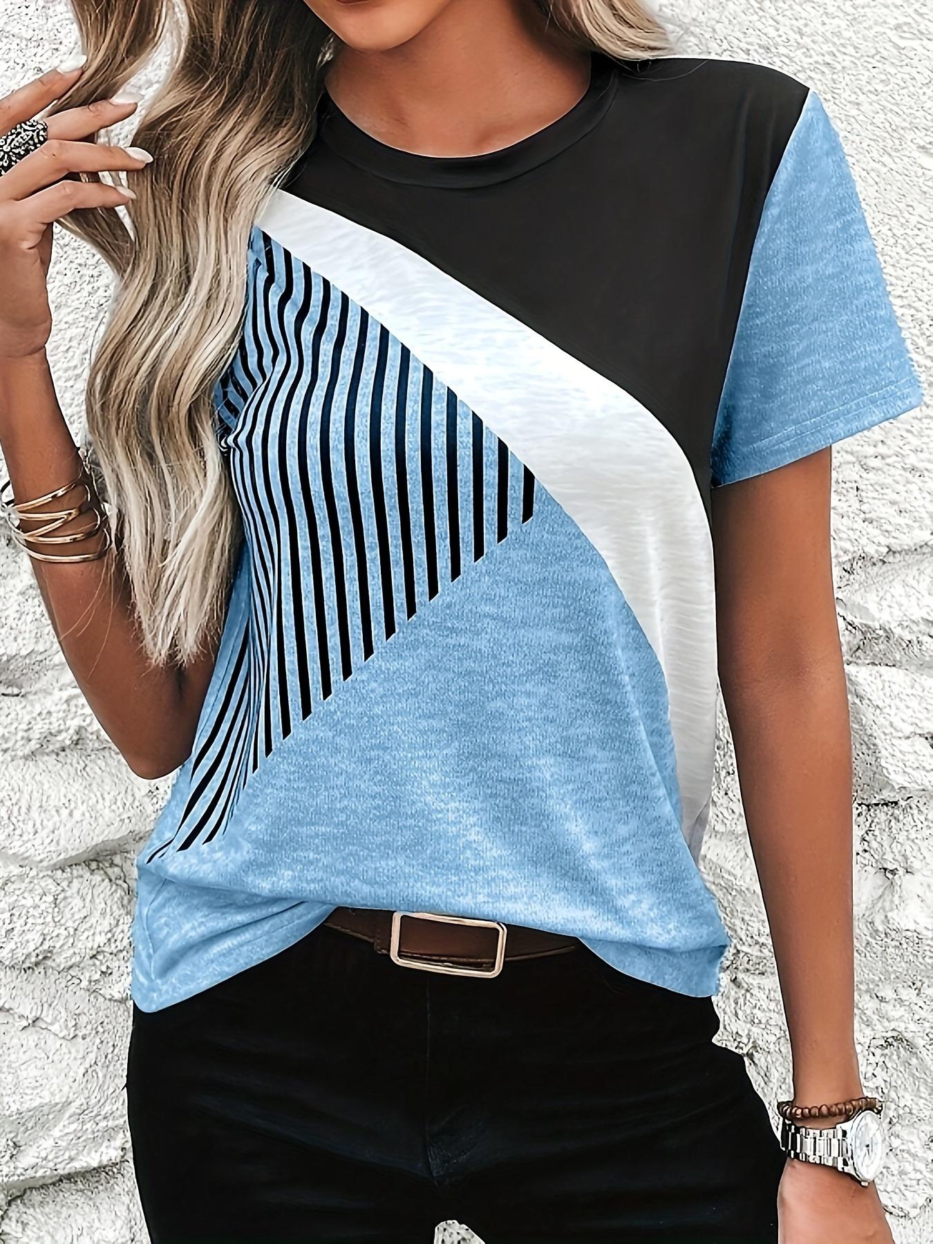Women s Geometric Striped Color Block Casual T-Shirt - Pur M дубильная кора