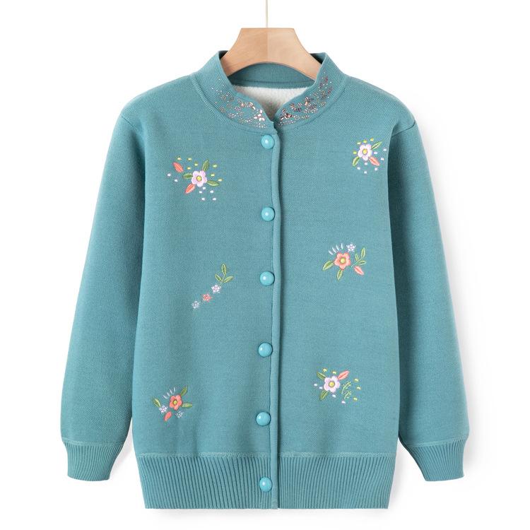 Babiččin podzimní svetr s plusovým sametem, bunda, pletený svetr pro střední a starší věk, vyšívaný top, 60 let, 70, podzimní outfit pro matku, silný styl