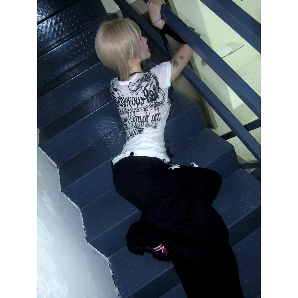VAYLA Grunge Aesthetics Tattoo Print T-shirt Trashy 2000s Style Letter T Shirt Japanese Y2k White Sheer Tops Gothic Vintage