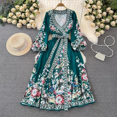 Hochwertige Damenmode im Urlaubsstil, Vintage, Frühling Sommer, Blumen, V-Ausschnitt, Laternenärmel, Schnürung, Schleife, Strand, Boho, Maxi-Kleider