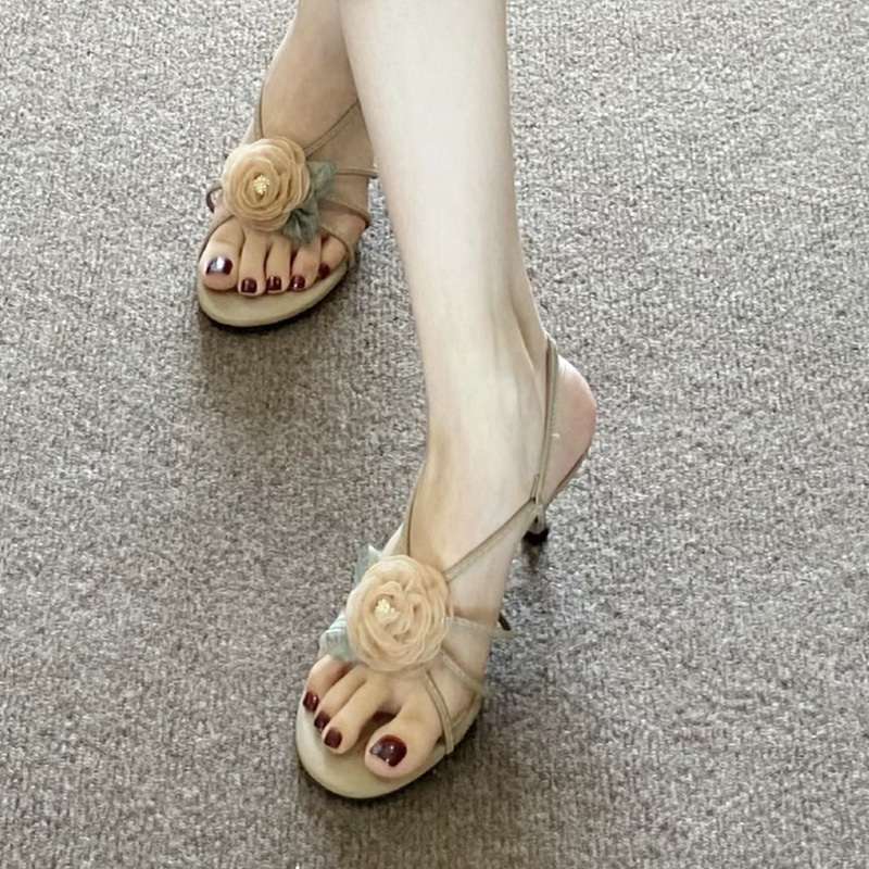 Soft leather version~ Flower sandals with skirts, fairy style gentle thin heels, high heels, female summer one-word buckle belt, not tired feet