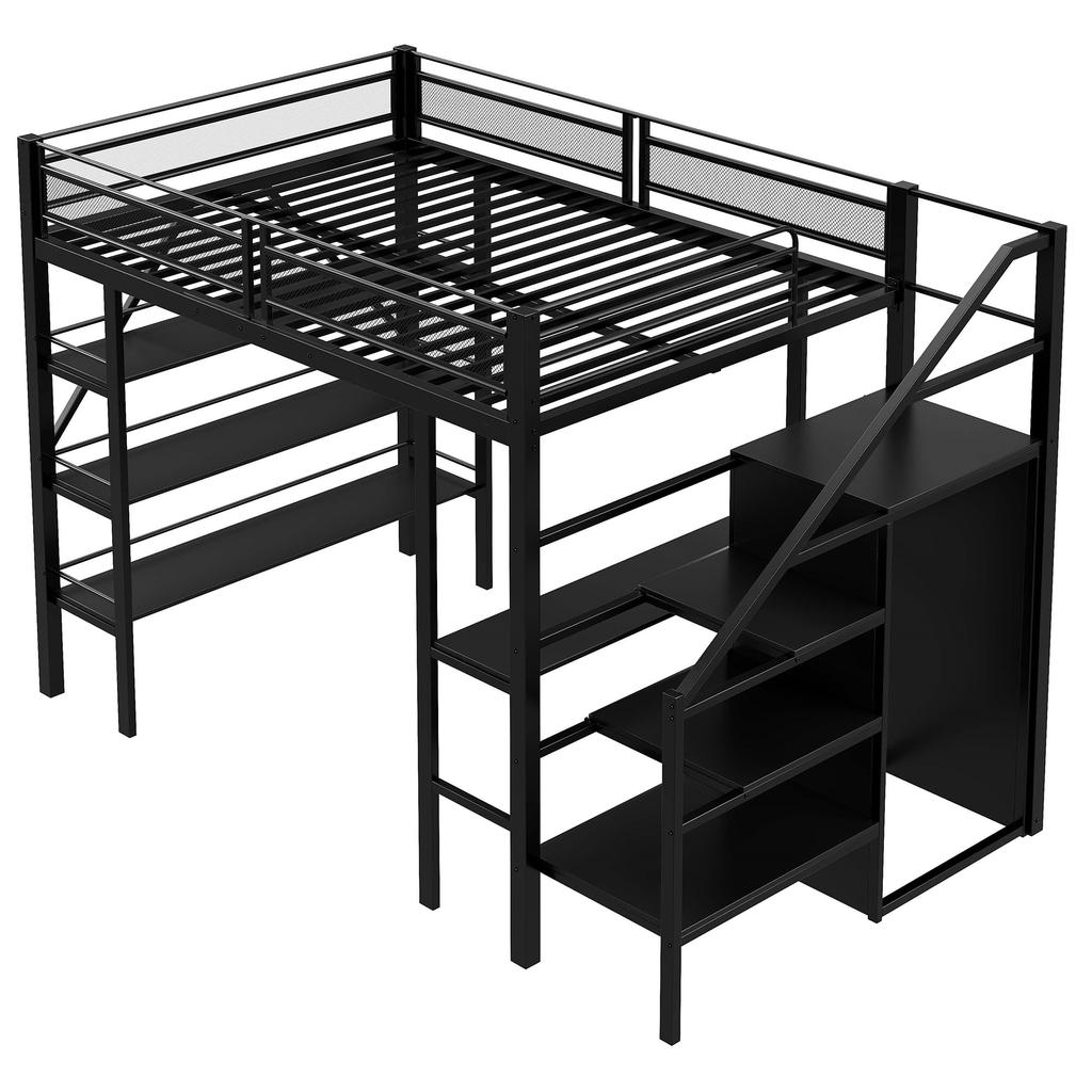 Hochbett 140*200cm, Dreistufiges Lagerregal, Schreibtisch, Kleiderschrank, Sicherheitsleiter mit Stauraum, Hohes Geländerdesign, Eisenbett, Einzelbett, Schwarz