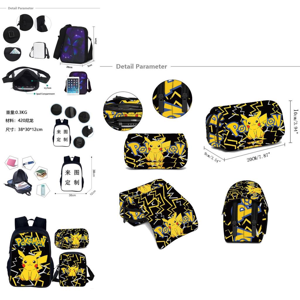 Set Zaino per Bambini Pokemon Pikachu con Tessuto Oxford per Scuola e Uso Quotidiano
