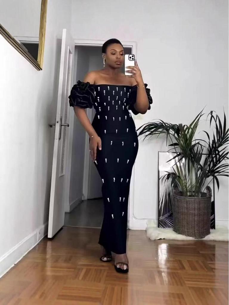 2025 Perlenbesetztes trägerloses Abendkleid mit Puffärmeln und schulterfreiem Schnitt für Damen