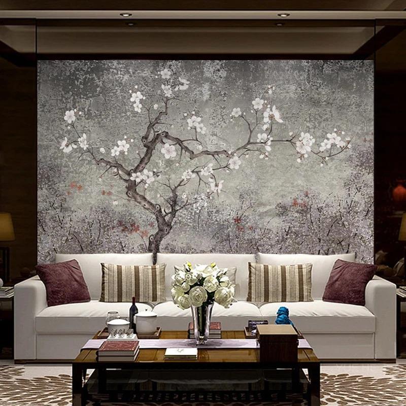 Retro fototapeta, fototapeta s švestkovým květem, ručně malované květiny, fototapety s ptáky, freska do obývacího pokoje, pracovna