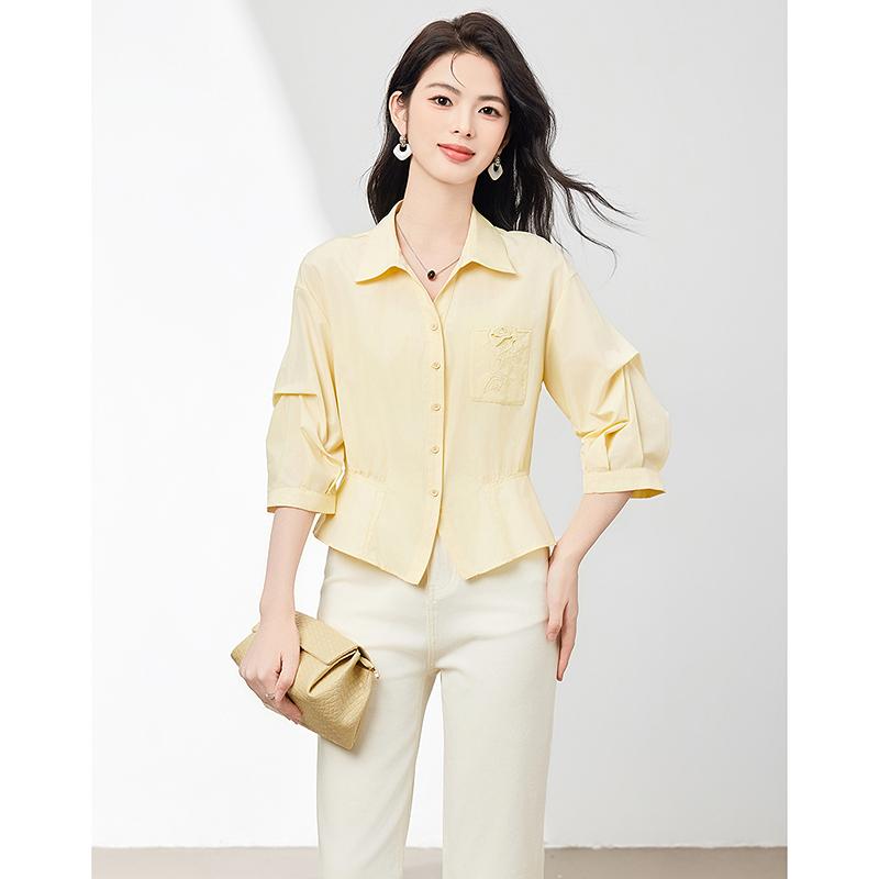 Relaxing commuting collar and waist cinching simple shirt