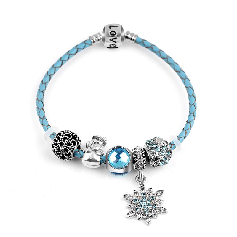 

Christmas Alloy Snowflake Pendant Bracelet with Blue Leather Cord and Beads 20cm