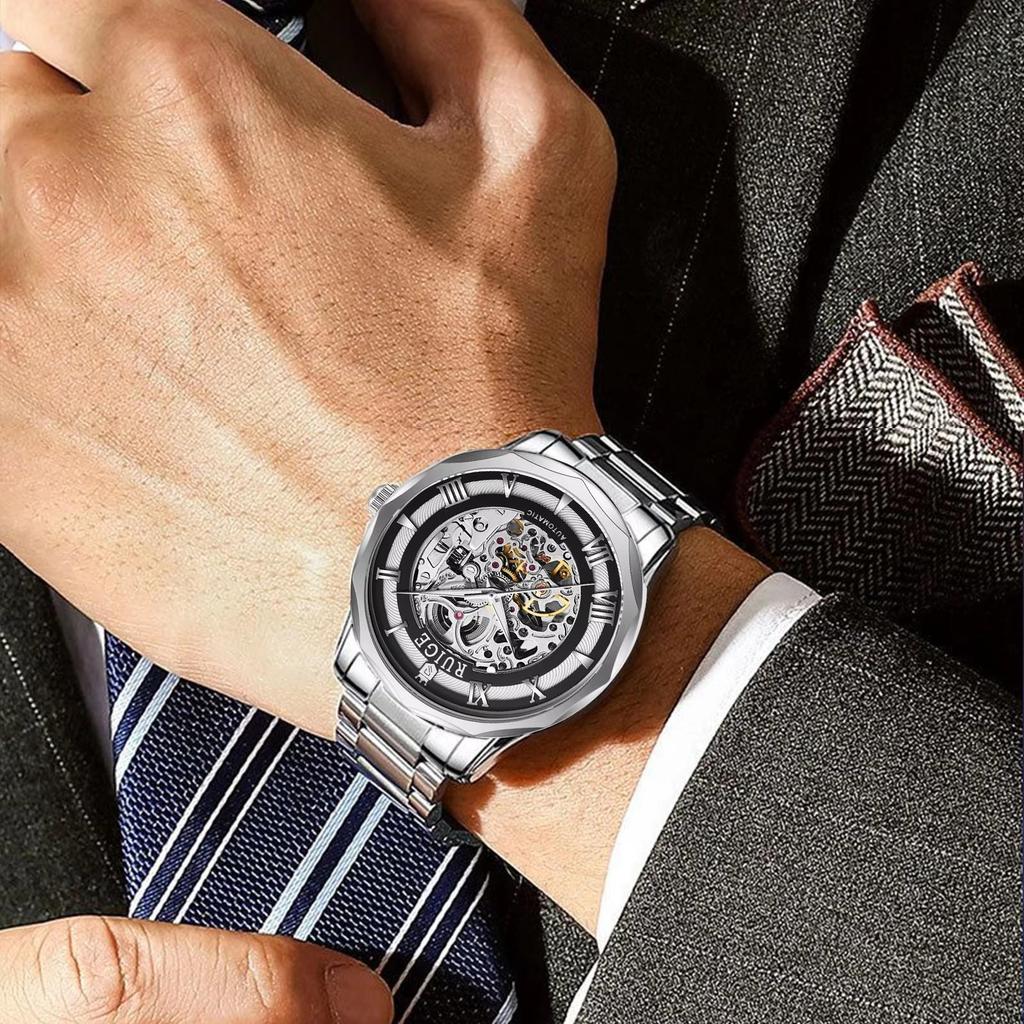 Hollowed Out Men's Fully Automatic Mechanical Watch Stainless Steel Men's Fashionable Waterproof Luminous Trendy Watch