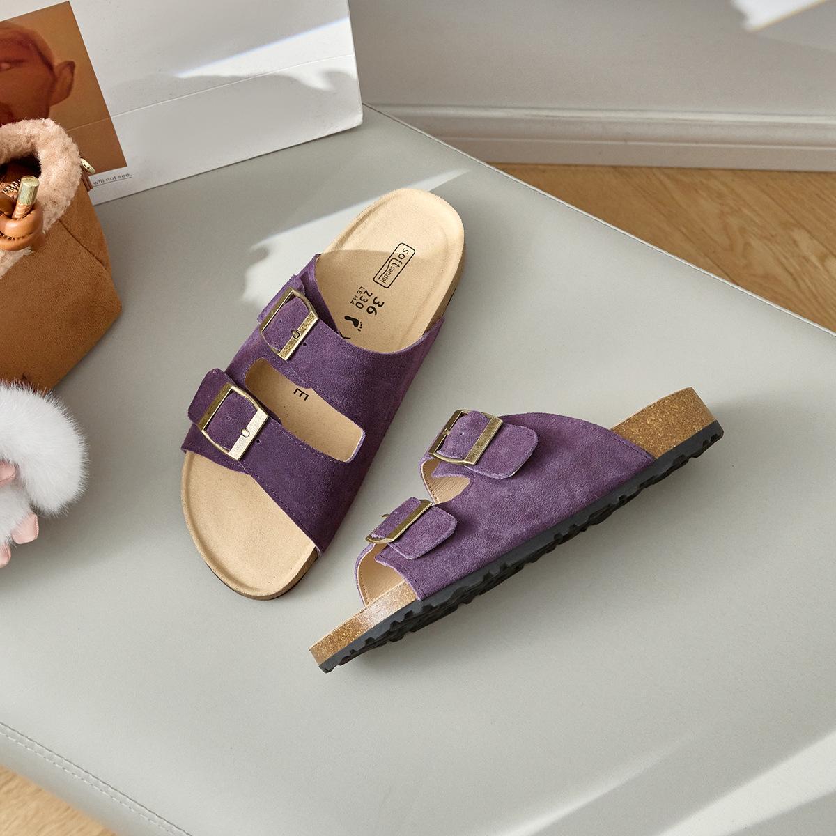 

Leather Boken Slippers Women s Cattle Velvet Beach Shoes Non-slip 2025 Summer Outer Wear Flat Sandals Boken Cool Slippers 34