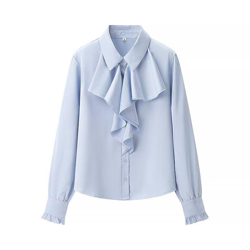 Kaslead New Women clothes Western Style Fashion Silk Satin Texture Frill Long sleeve Shirts
