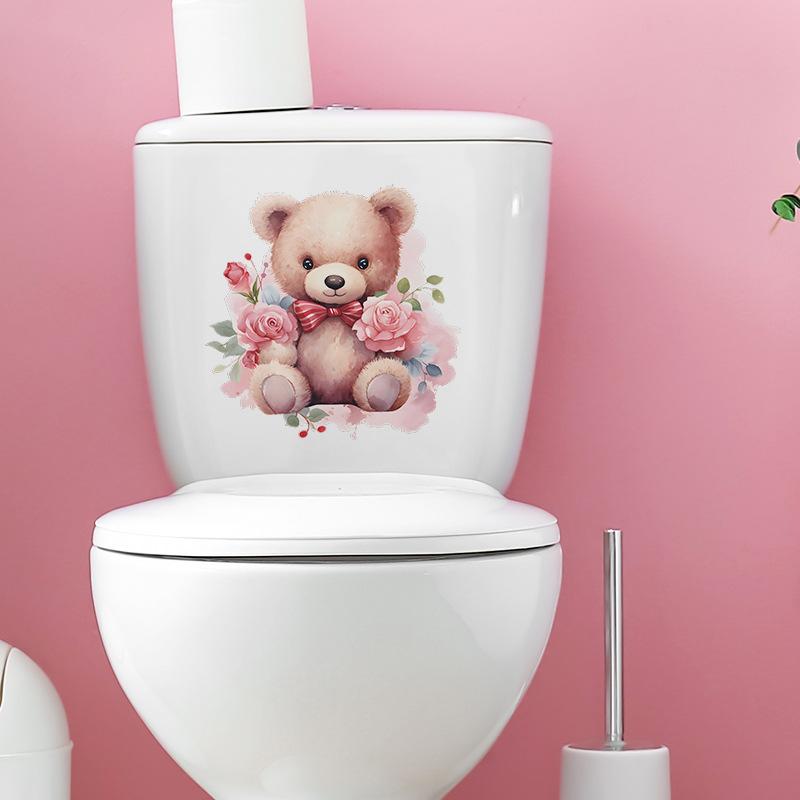 Cartoon Cute Bear with Roses Toilet Seat Sticker Bathroom Decor Removable Waterproof Wall Decal
