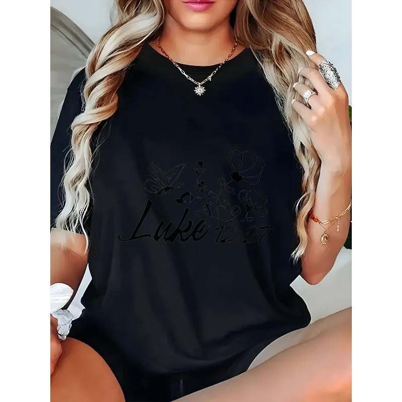 

Plus Size Women s Black Butterfly Floral Luke 12:27 Print Tee Short Sleeve Crew Neck Casual Summer Top S чёрный