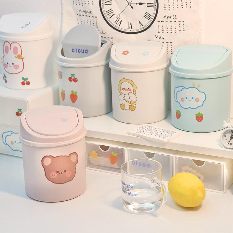 Ins Desktop Mini Trash Can Bin Tube Bedroom Waste and Home Cleaning Cute Mini Garbage Can Storage Box with Cover Kawaii Stickers
