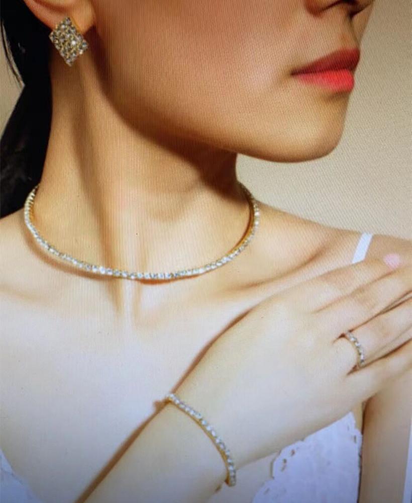 New Fashion Necklace Earrings Ring Bracelet Four-piece Set, Full Diamond Three-Row Collar Bridal Suit Women