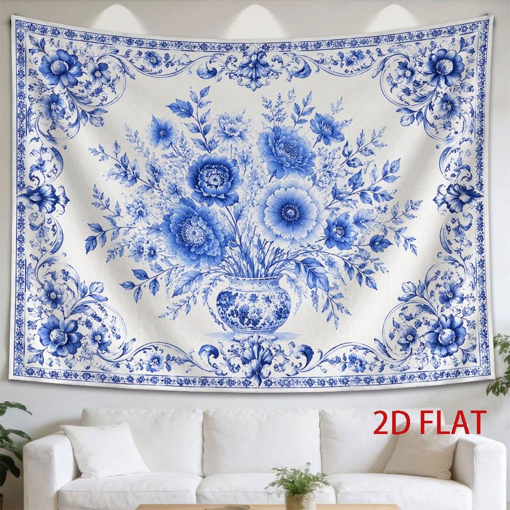 2D Flat - 2D Flat - 1pc 2D Flat Tapestry Blue And White Floral Tapestry with Elegant European Courtly Design, Perfect for Classic Interior Decor