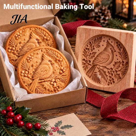 Christmas Baking Supplies Woodland Animal Cookie Mold, Wooden Biscuit Stamps, Scene 3D Red Party Snack Decoration Bird Elk Dachshund Cutter Embossing