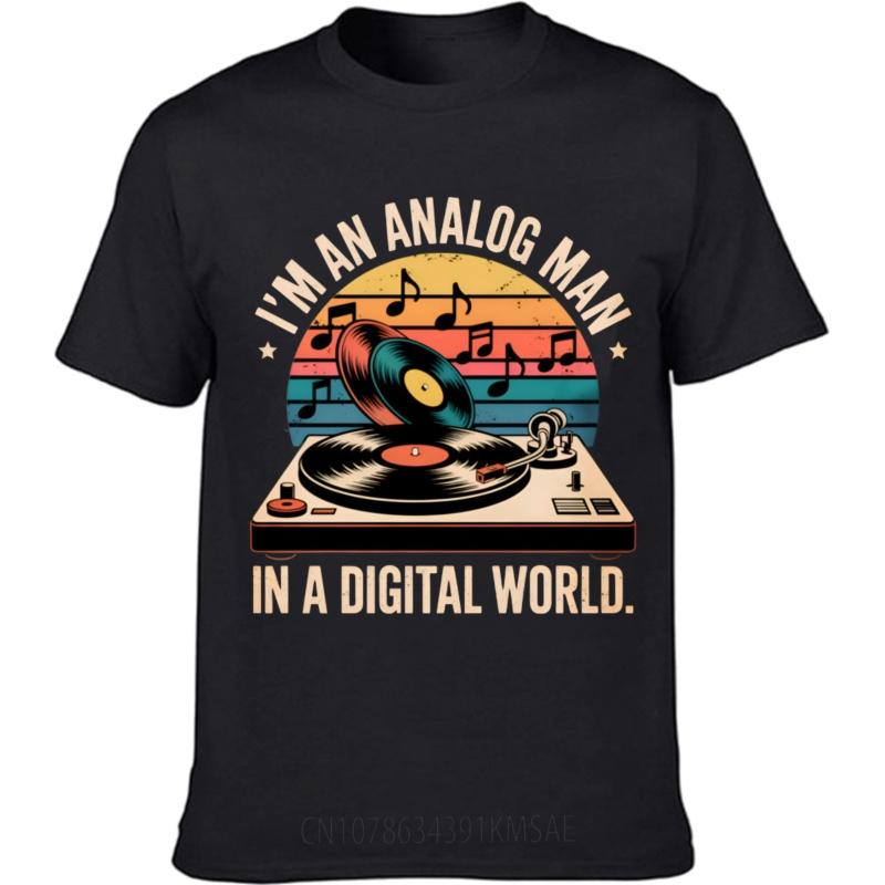 Adult Men O Neck tshirt Brand Analog Man In Digital World Vinyl Record Turntable Music Notes Sunset Background Minimalist
