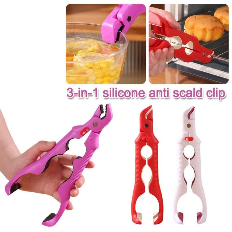 3in1 Anti Scalding Clip Non-Slip Silicone Handle Anti-hot Bowl Plate Clips Thickened Ergonomic Bottle Cap Remover Cooking Tongs Kitchen Use