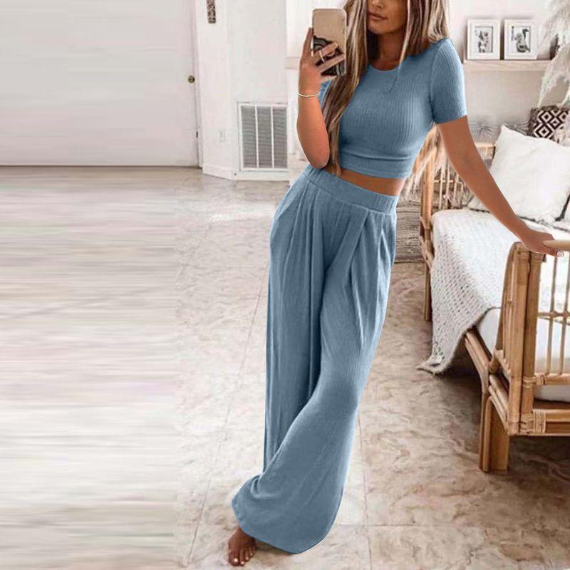 

Europe and America Cross Border Export Summer Women s Wide Leg Pants Loose Leisure Sports Suit Look Tall and Thin Sexy Pure Color Two-piece Set Blue XL (Bust size 92)