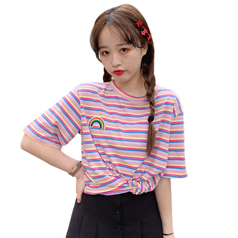 

Женская летняя повседневная футболка с коротким рукавом и круглым вырезом в радужную полоску, свободная футболка XL розовый