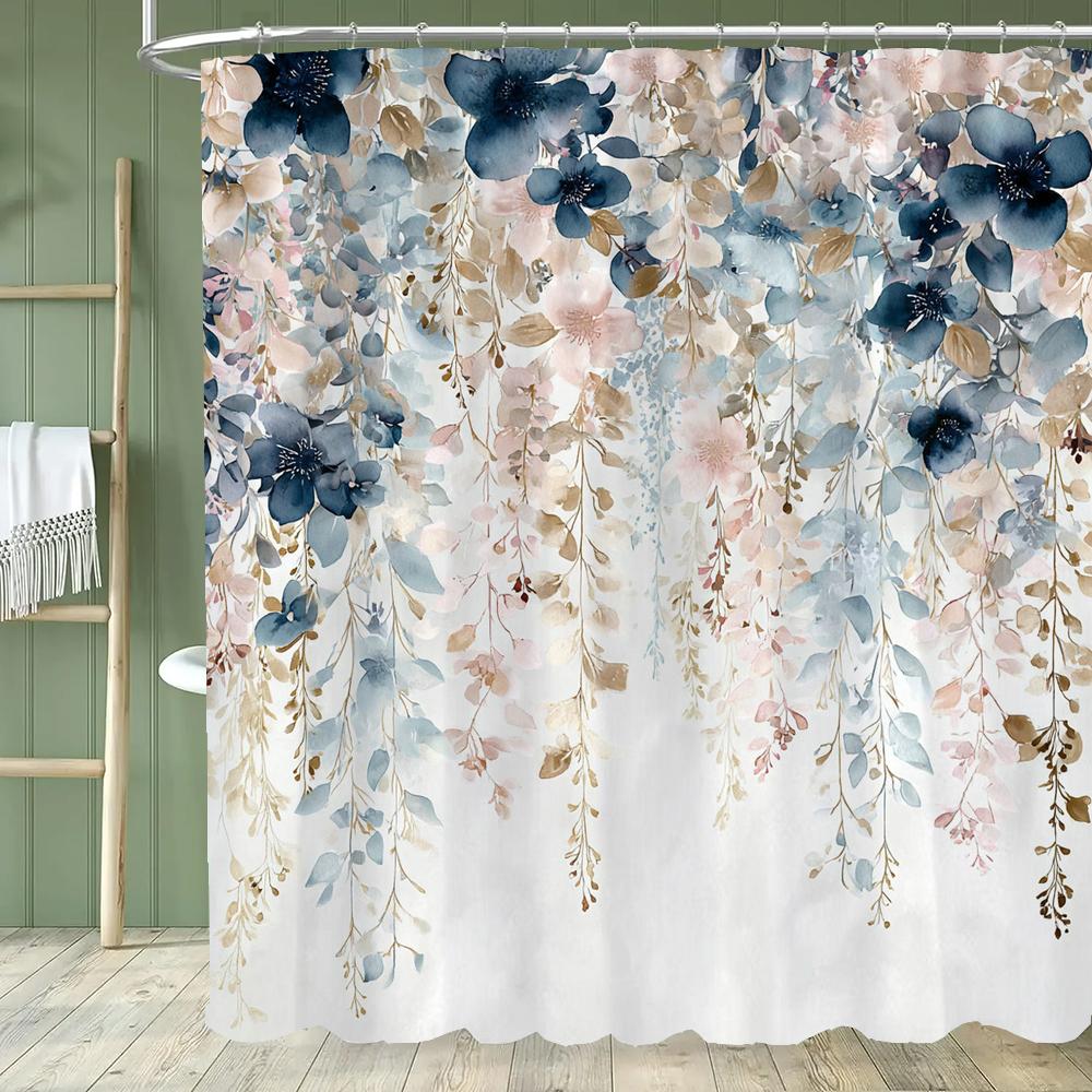 Watercolor Bohemian Floral Shower Curtain, Blue Floral, Waterproof Bathroom Curtain, Decorative Fabric Home Curtain With Hooks