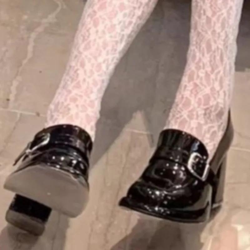 2025 New Women's Solid Color Patent Leather Loafer Shoes Square Toe Office and Career Belt Buckle Solid Best Seller Heels Women