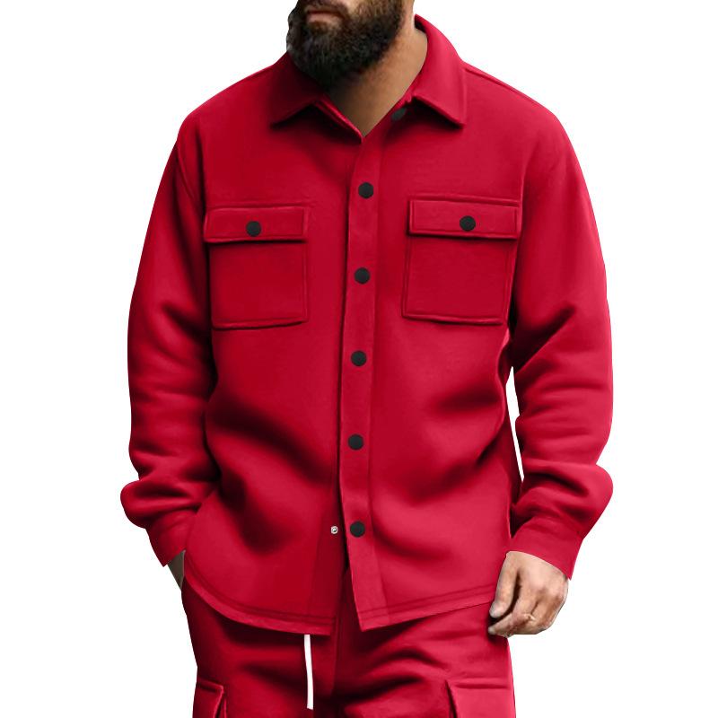 American Casual Men'S Clothing Fleece Lapel Multi-Pocket Single-Breasted Solid Color Casual Jacket Men