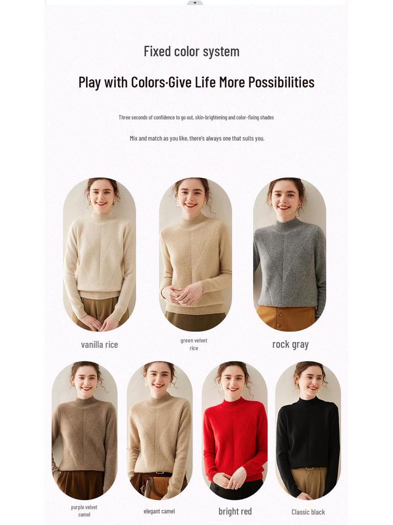 Women's High Neck Cashmere Knit Sweater - Thickened Loose Fit Pullover for Autumn/Winter