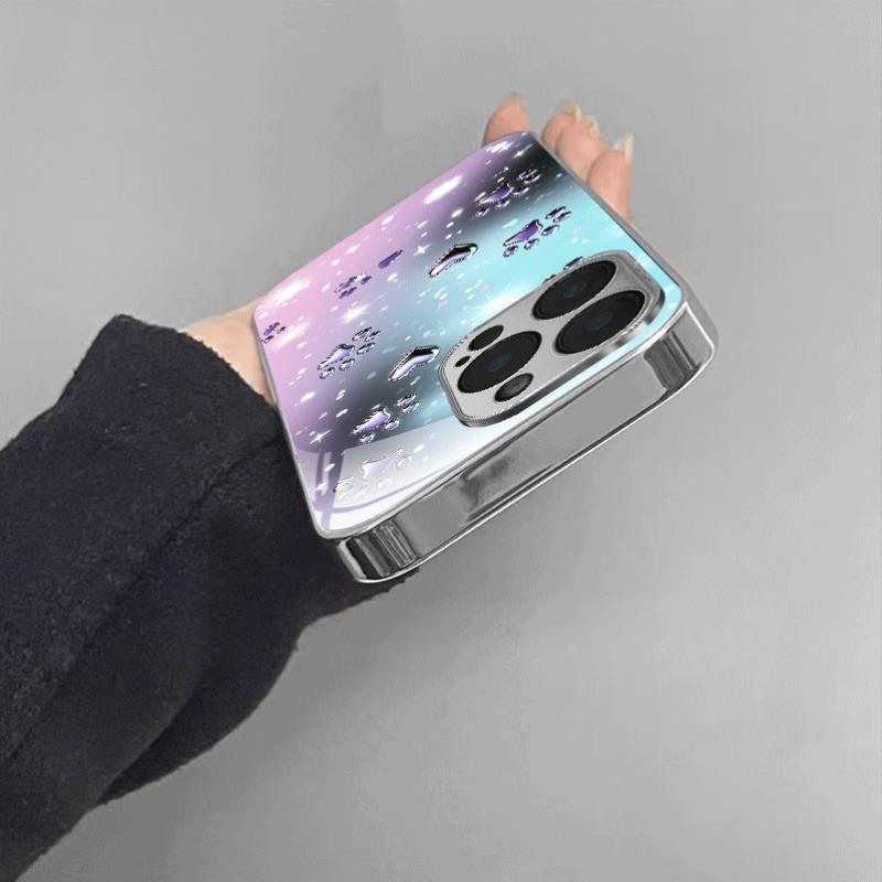 Purple Silver Heart Paw Print Electroplate Phone Case For Samsung Galaxy S23 S24 S25 S26 Ultra Plus FE Tempered Glass Cover