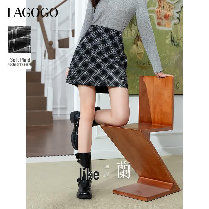 LAGOGO Women s Plaid High-Waist A-Line Skirt M