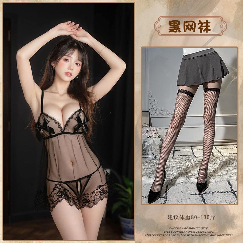 Sexy Pajamas Mesh See-through Suspenders Nightgown Pure Lace Sweet Bow Set