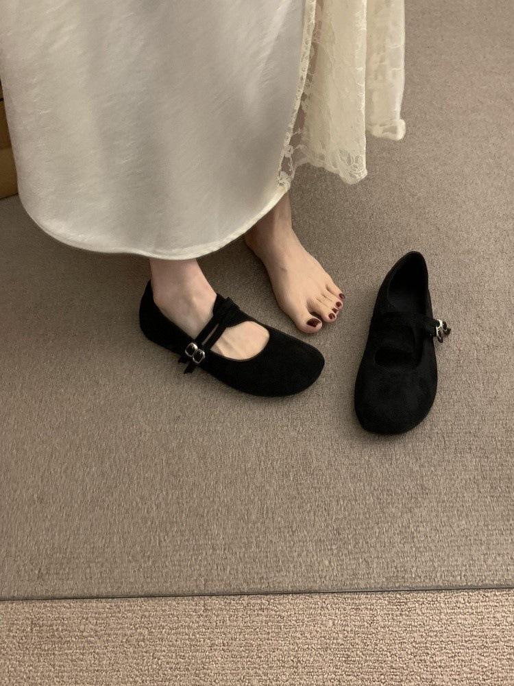 Literary style frosted leather Mary Jane shoes one-word buckle with shallow mouth round head flat-bottomed ballet shoes