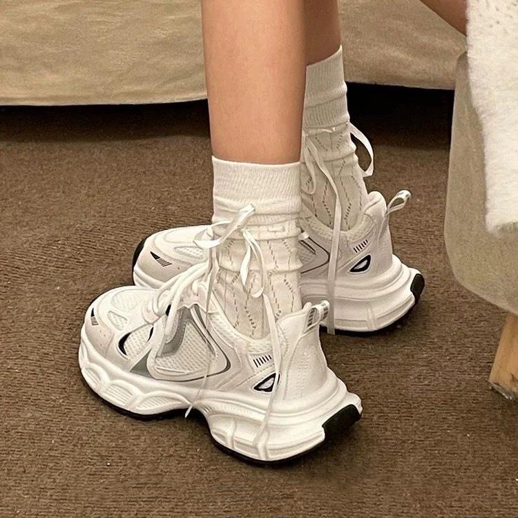 Women's 2026 Spring/Summer Dad Shoes - Hot Seller, Breathable Mesh, White, Height-Enhancing Thick Sole, Casual Sports Sneakers