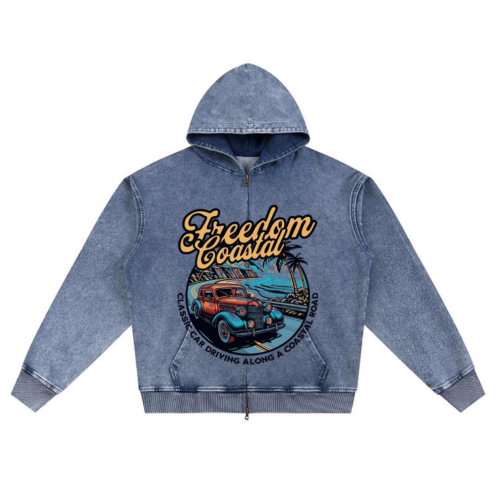 DTG Print Knitted Denim Zip-Up Hoodie Freedom Coastal Brother Print Zipper Hoodies