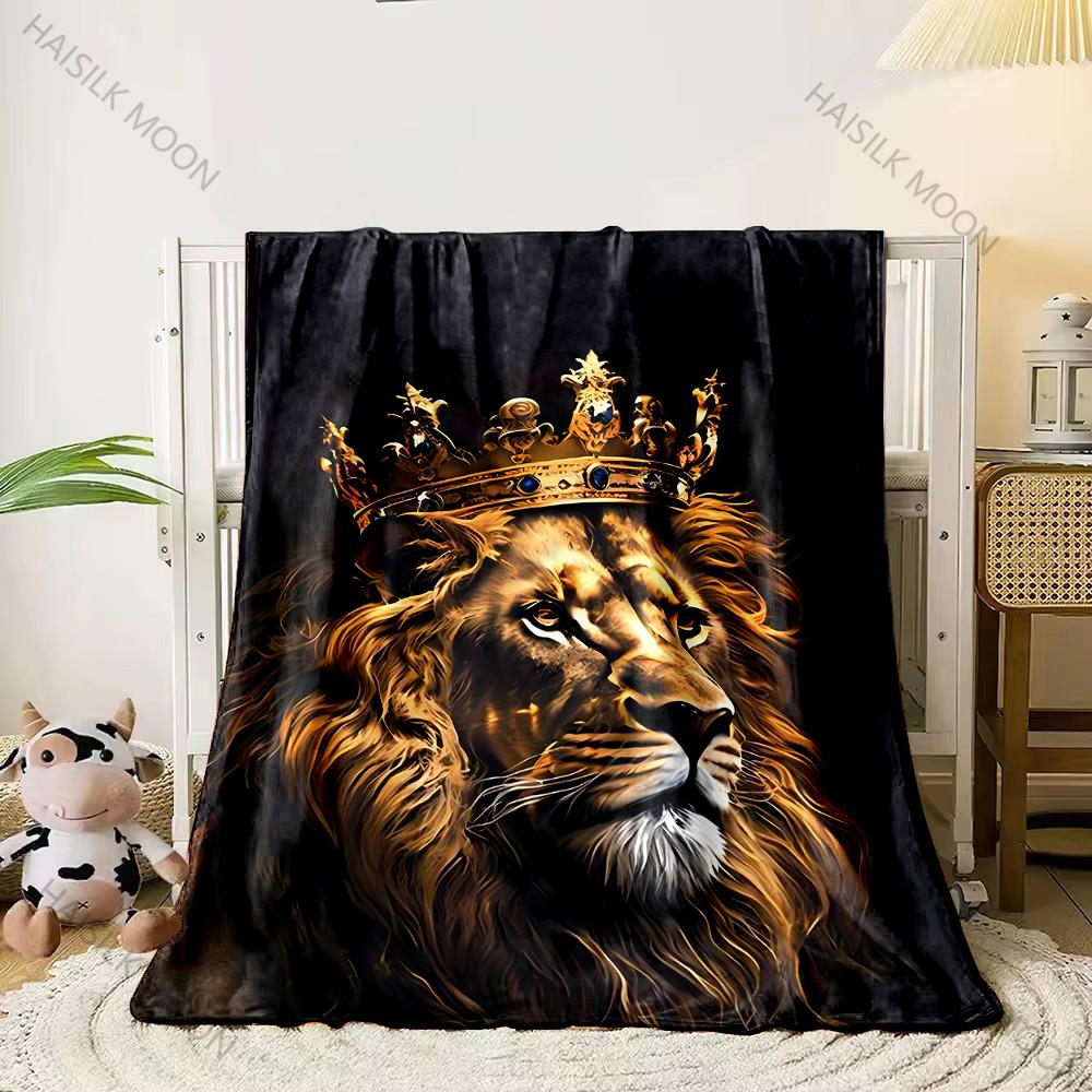 Lion Crown Themed Blanket for Couch or Bed - 3D Pattern Decorative Blankets - Cozy Soft Fuzzy Blankets Suitable for All Seasons