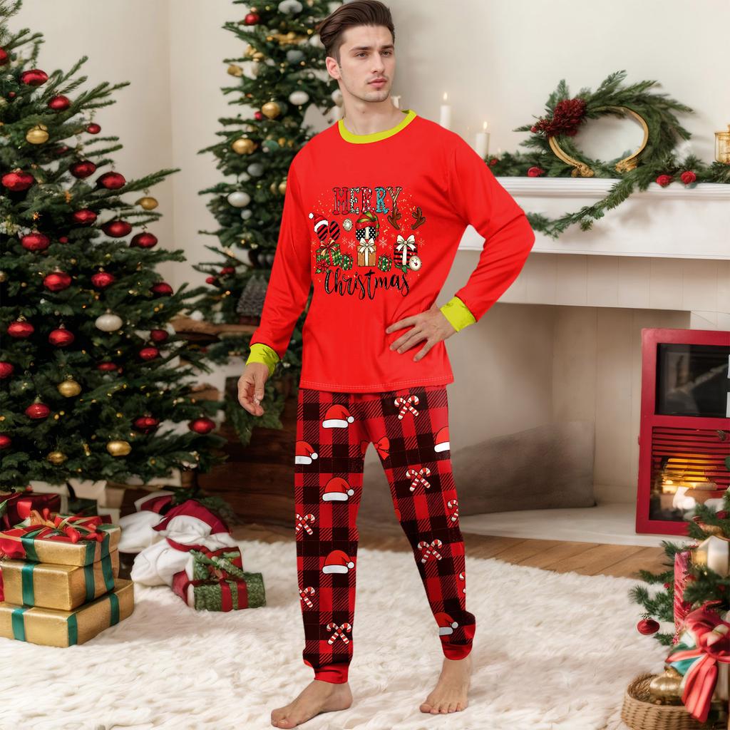 Family Matching Christmas Pajamas Set for Parents and Kids, Long Sleeve Neck Printed Pants Set