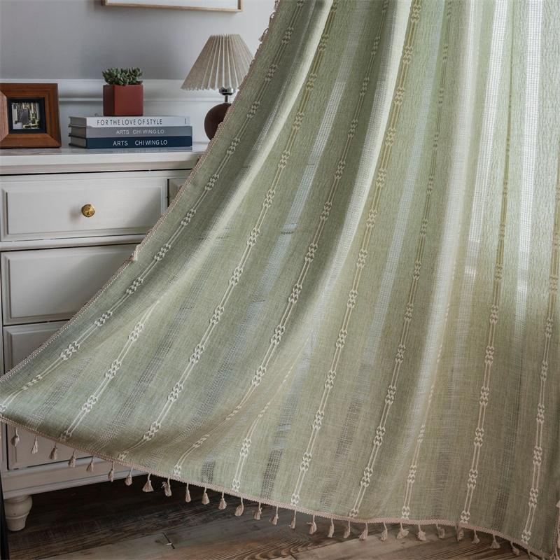 Luxury Emerald Striped Embroidery Curtains - Artisan Openwork Sheers for Gourmet Kitchens & Designer Living Rooms Certified Linen
