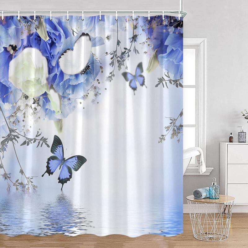 Floral Blue Butterfly Shower Curtain Purple Flowers Butterflies Plant Polyester Fabric Bathroom Decor Bath Curtains with Hooks
