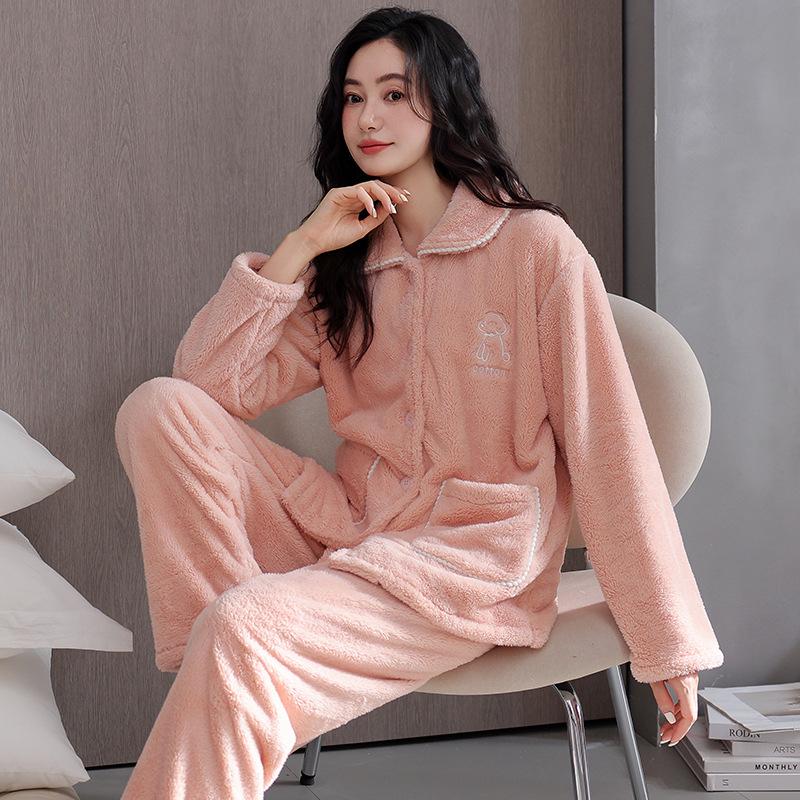 Ensemble de Pyjama d'Hiver en Flanelle pour Femme - Cardigan Mignon, Manches Longues, Vêtement d'Intérieur Chaud et Confortable