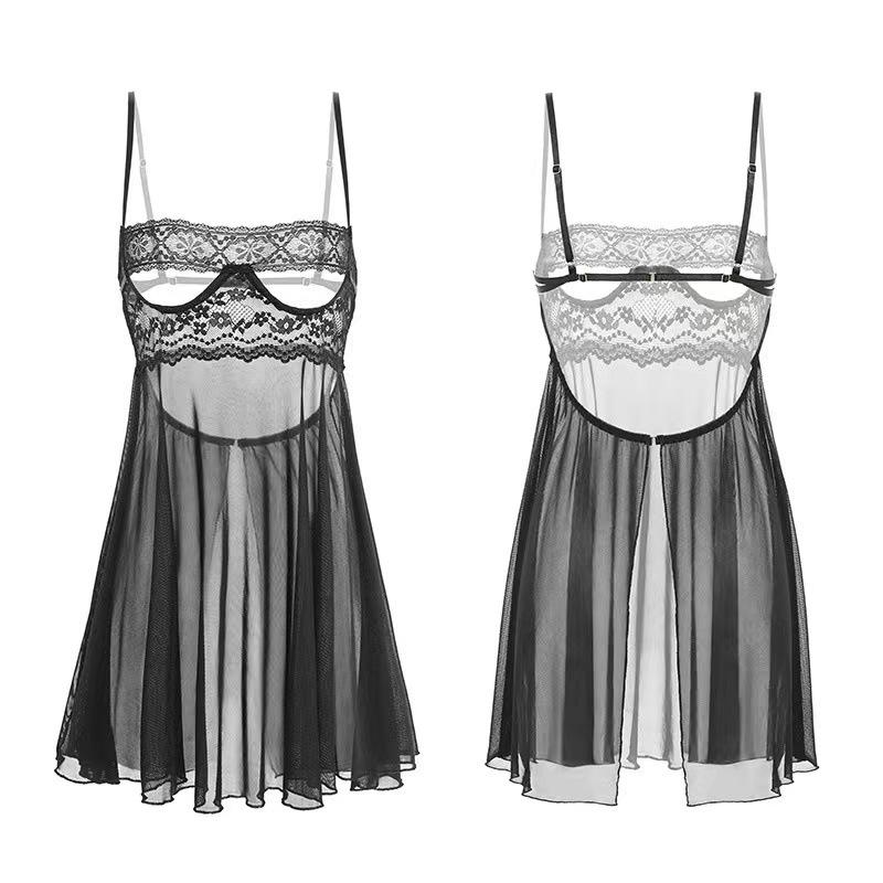 Women's Transparent Nightgowns Mesh Hollow Out Halter Dress Steel Ring Semi-Coverage Bra Erotic Open Crotch Backless Temptation