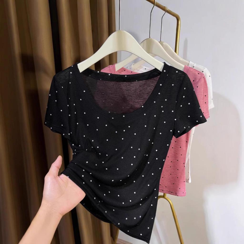 Women's Ultra-Thin Polka Dot Low-Neck Short-Sleeve Knit Top for Summer 2024