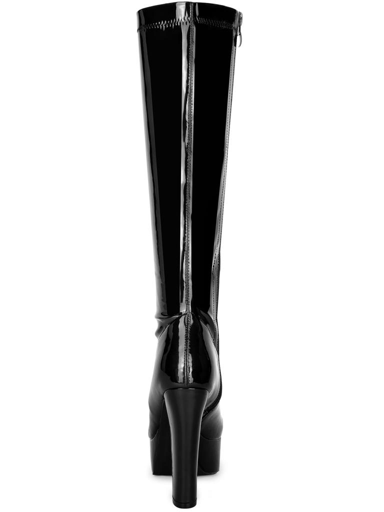 Allegra K Women's Patent Leather Platform Chunky Heel Knee-High Boots, Black, Size 24.5cm